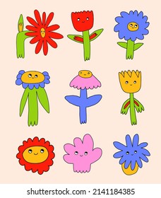 collection of vector flowers.Funny hippie plants with faces.Plant characters in psychedelic art style.Set of funky isolated wildflowers.Vibrant dudes for stickers, tattoo, social media