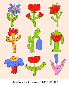 collection of vector flowers.Funny hippie plants with faces.Plant characters in psychedelic art style.Set of funky isolated wildflowers.Vibrant dudes for stickers, tattoo, social media