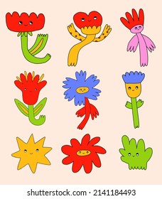 collection of vector flowers.Funny hippie plants with faces.Plant characters in psychedelic art style.Set of funky isolated wildflowers.Vibrant dudes for stickers, tattoo, social media