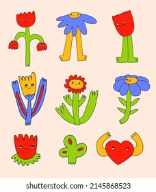 collection of vector flowers.Funny hippie plants with faces.Plant characters in psychedelic art style.Set of funky isolated wildflowers.Vibrant dudes for stickers, tattoo, social media