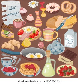 Collection of vector food and drinks for a breakfast