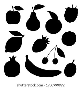 A collection of vector fruit silhouettes drawn by hand, isolated on a white background. Apple, pear, citrus orange and lemon, raspberry, apricot, strawberry, banana, pomegranate, cherry and plum.