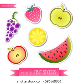 Collection of vector fruit sticker. Cute fruit icon isolated with shadow. Strawberry, green apple, red apple, grape, lemon, water melon.