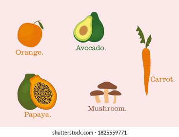 Colección de ilustraciones de frutas y verduras vectoriales. Vitaminas A, B, C, D y E aisladas. 