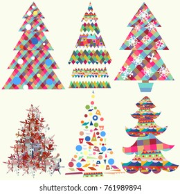 Collection of vector funky Christmas trees for design