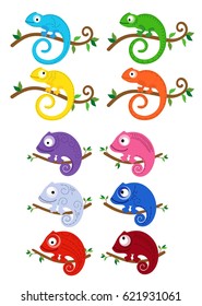 A collection of vector funny colorful chameleons on branches with leaves.
