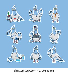 Collection of vector funny prints with Doves. Set of stickers with vulgar birds: alcoholic, egghead, fool, tosser. Templates of illustrations for t-shirts.
