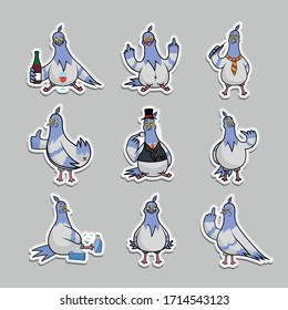 Collection of vector funny prints with Doves. Set of stickers with vulgar birds: alcoholic, egghead, fool, tosser. Templates of illustrations for t-shirts.