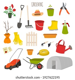 Colección de herramientas de jardinería vectorial. Pastel, palas, plántulas, plántulas, secadores. Para íconos, pegatinas, carteles, carteles, tarjetas. С se puede usar para ilustrar artículos, libros de texto, publicaciones. 