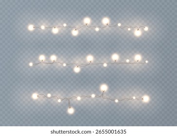 Colección de guirnaldas de Vector con brillo blanco cálido de bulbos aislados sobre fondo transparente. Diseño para diseños e ilustraciones navideñas.