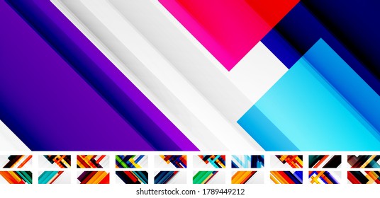 Collection of vector geometric abstract backgrounds with shadow lines, modern forms, rectangles, squares and fluid gradients. Bright colorful stripes cool backdrops bundle