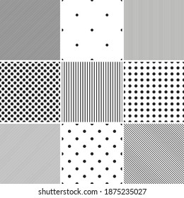 Collection of vector geometric seamless patterns. Simple dotted and striped textures. Repeatable black and white unusual backgrounds. Trendy minimalistic design