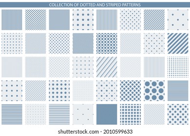 Collection of vector geometric seamless patterns - minimalistic design. Simple dotted and striped textures - endless backgrounds. Blue and white textile repeatable prints.