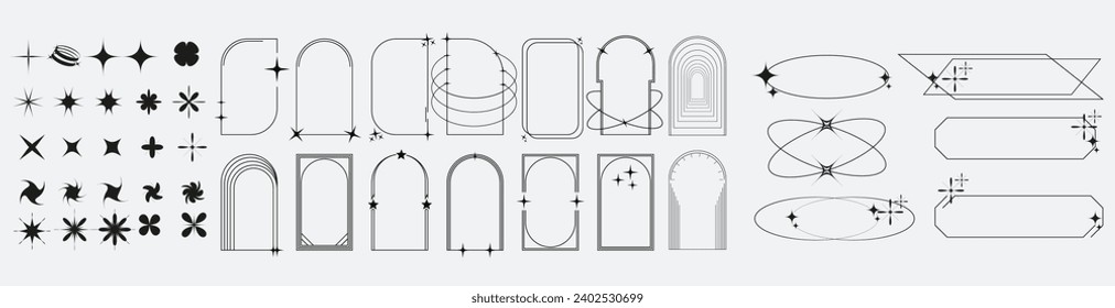 Colección de formas geométricas vectoriales y parkles para diseño gráfico y decorativo. Marco retro futurista de arco negro aislado en fondo blanco. Ilustración del vector