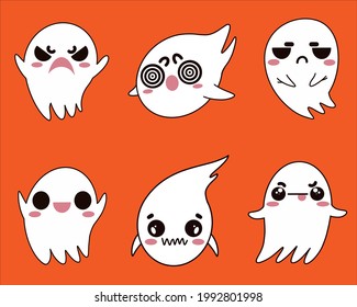 Collection of vector ghosts icons. Phantoms in various poses. Sad, angry, scary, smiling, poltergeist. Isolated prints. Hand-drawn Halloween decorations. Festive elements. Flat cartoon style.