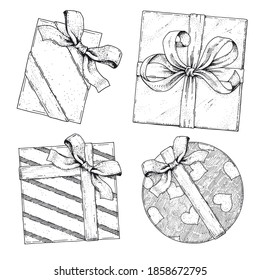 Collection of vector gift boxes of different shapes and sizes. Hand-drawn sketches of holiday packages. Vintage style engraving. Isolated objects on a white background. Top view. Ink illustrations