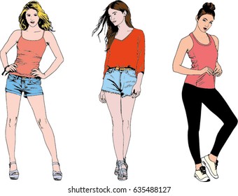 collection of vector girls drawn in ink by hand