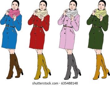 collection of vector girls drawn in ink by hand