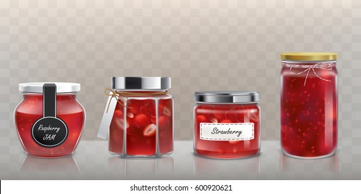 Collection of vector glass jars with raspberry and strawberry jam in a realistic style