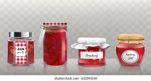 Collection of vector glass jars with raspberry and strawberry jam in a realistic style