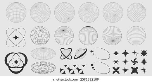 Collection of vector globe shapes and 90s style retro graphic elements - stars and circles, planets and spheres. Assets for futuristic y2k designs or abstract geometric backgrounds and patterns.