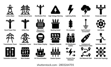 Collection of vector glyph icons for electrical power systems featuring power poles towers transformers cables grid nodes switches circuit breakers meter displays and control consoles for urban infrastructure energy management grid networks industrial power distribution planning.