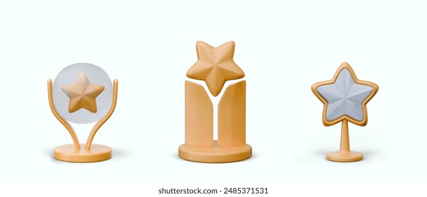 Collection of vector gold awards of different types. Crystal and metal trophies with stars