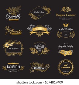 Collection of vector gold logo templates. Flourishes calligraphic elements and frames. Modern style of design elements, postcard, banners.