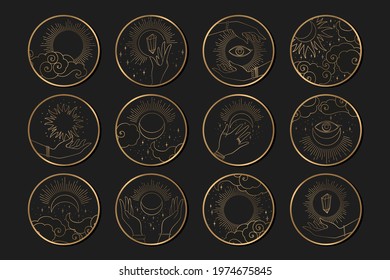 Collection of vector gold round icons with abstract hands, clouds, sun, moon and stars isolated on black background. Set of mysterious signs for social media stories, logo or emblem