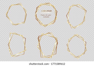 Collection of vector golden frames for your design with transparent light effects. Abstract elements isolated on background