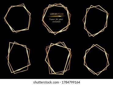 Collection of vector golden frames for your design with transparent light effects. Abstract elements isolated on background