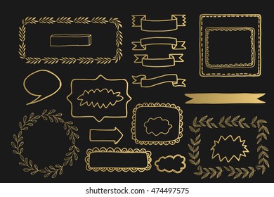Collection of vector golden ornate page decor elements: banners, border and frames on dark background