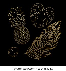 A collection of vector golden pineapple and exotic leaves. Isolated on a black background.