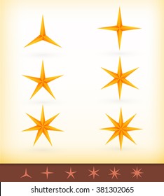 Collection of vector golden stars with 3, 4, 5, 6, 7 and 8 pointed edges