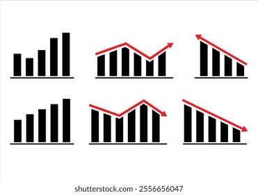 Collection vector graph financial arrows up and down with red arrows,Chart with increase, decrease.Up and down graph chart vector icon set,upward or downward trend bar chart icon