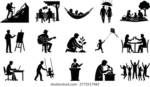 Collection of vector graphic illustrations depicting diverse human activities and leisurely pursuits in silhouette