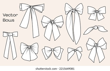 Collection of vector graphical decorative bows. Bundle of hand drawn isolated holiday gift ribbons. 