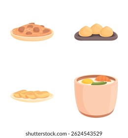 Collection of vector graphics featuring chocolate chip cookies, lemon biscuits, and a bowl of vegetable soup