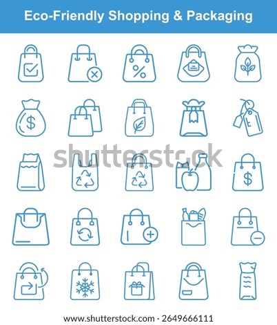 Collection of vector graphics featuring various shopping bag designs and eco-friendly packaging options. The illustrations suggest themes of retail, sustainability, and responsible consumer practices.