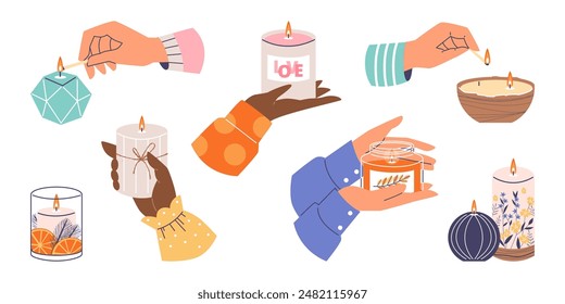 Collection of vector graphics of hands and scented candles in various shapes. A range of decorative wax candles in various designs to create a tranquil homely atmosphere.
