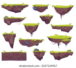 A collection of vector graphics on a white background with flying rocks and lush green grass on a floating platform, suitable for decorating the game world