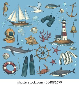 Collection of vector graphics voyage. Isolated colored objects on a blue background.