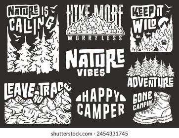 Collection of vector graphics with wilderness and camping themes, perfect for nature enthusiasts. Sticker pack travel for camping. Set for nature hiking and camp. T-shirt print.
