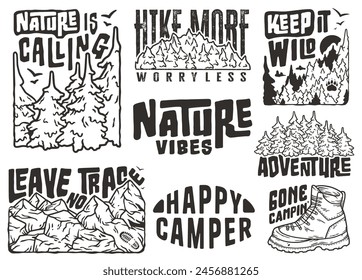 Collection of vector graphics with wilderness and camping themes, perfect for nature enthusiasts. Sticker pack travel for camping. Set for nature hiking and camp. T-shirt print.
