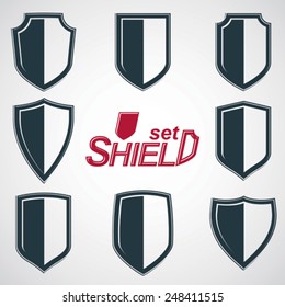Collection of vector grayscale defense shields, protection design graphic elements. High quality heraldic illustrations on security theme, set of retro coat of arms.