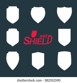 Collection of vector grayscale defense shields, protection design graphic elements. Heraldic illustrations on security theme, set of retro coat of arms. 