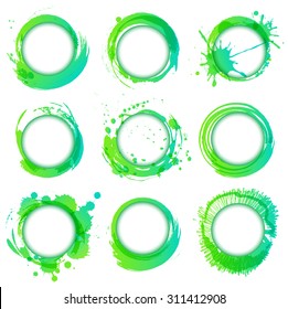 Collection of vector green frames with brush strokes and splashes. Set of abstract backgrounds. 