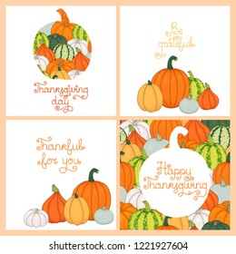 Collection of vector greeting cards with pumpkins and greetings for Thanksgiving, hand-drawn. A set of posters with phrases for the holiday