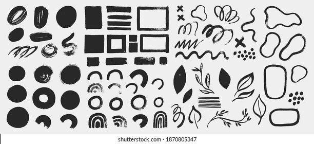 Collection of vector grunge elements, brush strokes, paint spots, lines and abstract shapes. Black ink stains isolated on white. Minimalistic design elements in hand painted style.