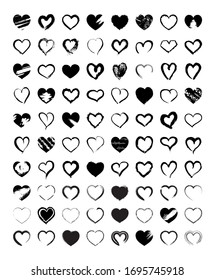Collection of vector grunge heart frames. Set of fill and empty signs for romantic invitations, cards, and decorations. Hand-drawn textured shapes and silhouette templates for your design.